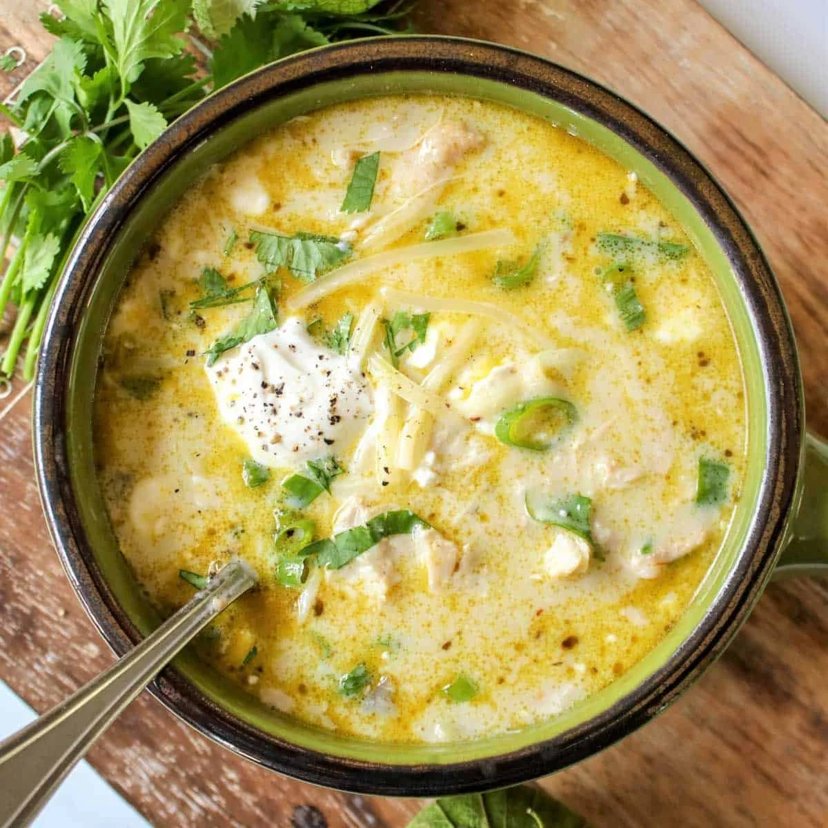 Creamy Cheesy Green Chicken Enchilada Soup