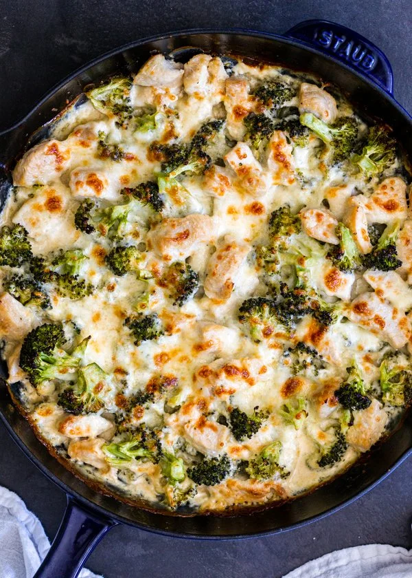 Delicious creamy chicken broccoli cheese casserole served in a baking dish