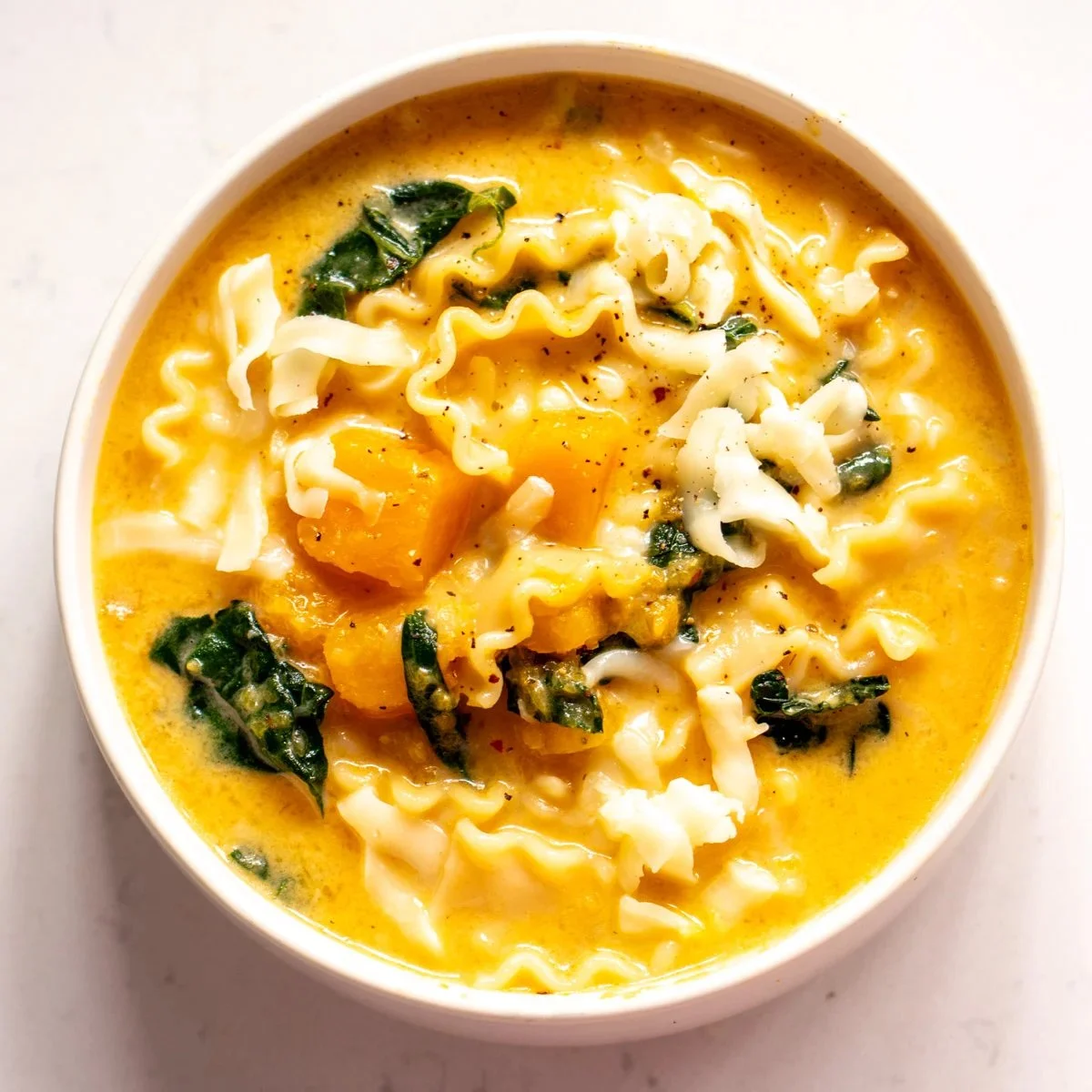 Mozzarella-Topped Kale Butternut Lasagna Soup