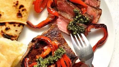 Sirloin Steak with Pesto and Peppers